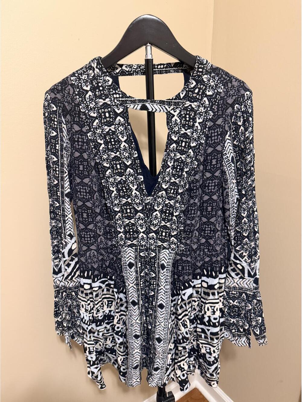 Free People Tegan Border Printed Mini Dress Size 6 Boho Festival Long Sleeve